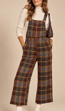 NWT Cider Tweed Plaid Wide Leg Overalls Size L Brown Retro Academia Preppy 70s
